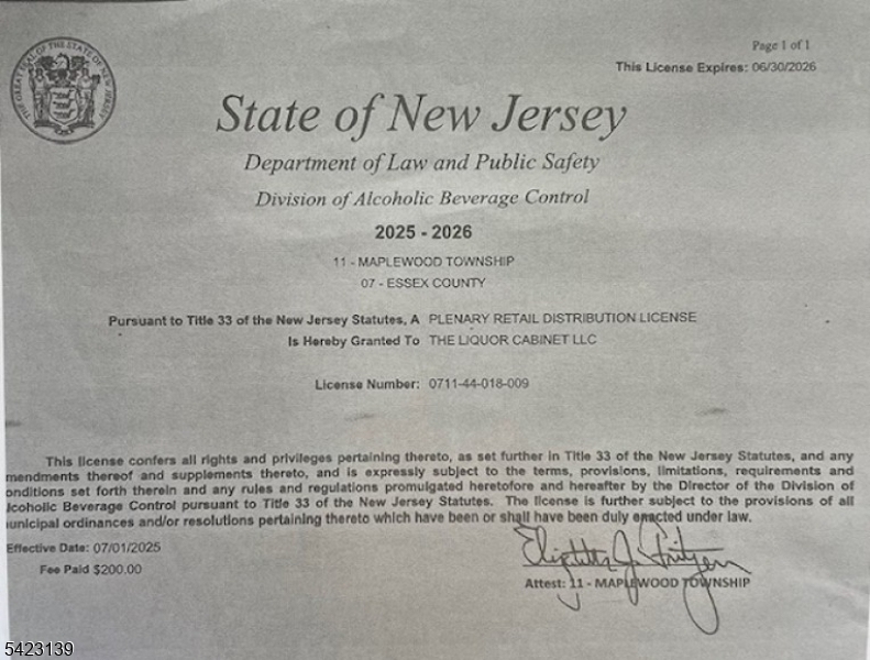 0 Liquor License for Sale, Maplewood Twp.